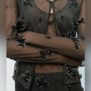 ZARA Sheer Black Beaded Top